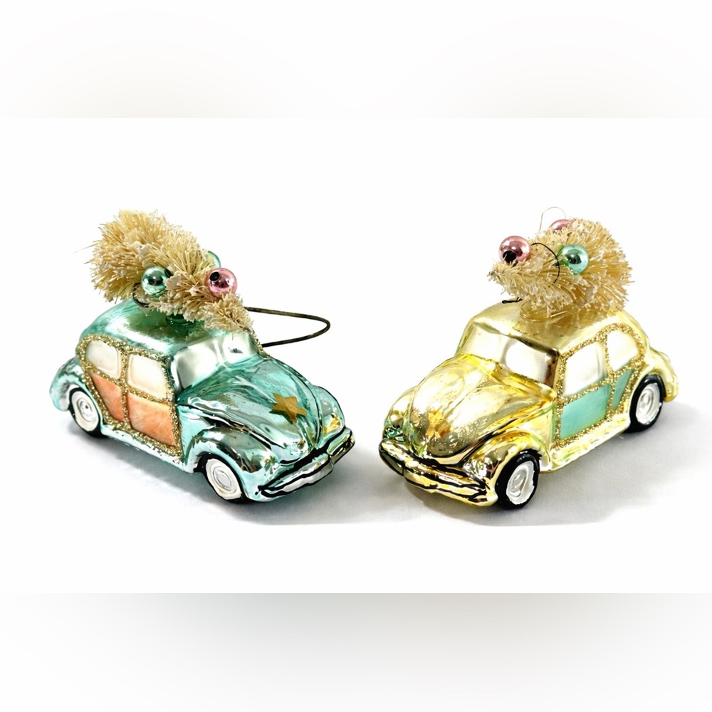 Vintage Volkswagen Beetle Glass Christmas Ornaments Tree on Car Set of 2